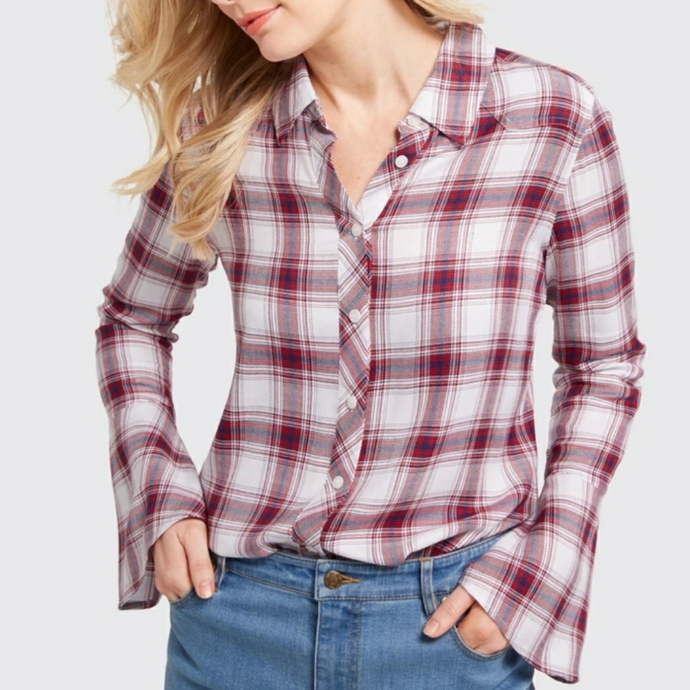 NWT Draper James Plaid Bell Sleeved Blouse